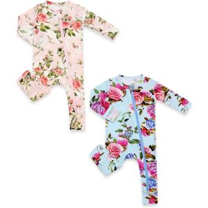 HAPIU Unisex Rayon Made from Bamboo Baby Rompers with Cuffs, 2 Way Zipper YKK, Footless Pajamas Jumpsuit (0-3 Months, Grasse Rose & Country Garden)