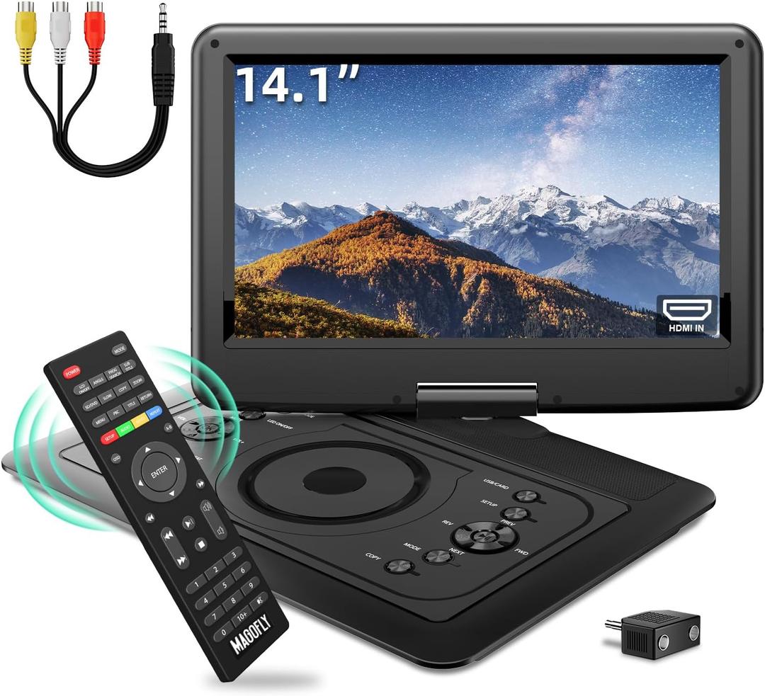 MAGOFLY 16.5" Portable DVD Player with 14.1" Large Screen, Upgraded RF Remote Control, Personal DVD Player for Kids Travel DVD Player Portable with HDMI in, 5h Battery, Support CD/ DVD/ SD Card/ USB
