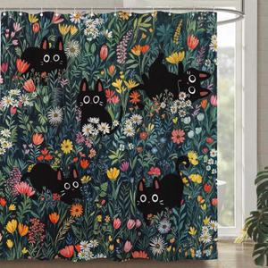 Cute Cat Shower Curtain Funny Black Cats Boho Floral Daisy Flower Shower Curtains for Bathroom Fun Kitten Animal Wildflower Farmhouse Waterproof Fabric Bath Curtain Decor 72 X 72 Inches