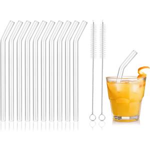 [10 Pcs] Reusable Short Bent Glass Straws - 6" x 10 mm Clear Glass Straws Shatter Resistant Cocktail Straw With 2 Cleaning Brushes for Whiskey,Coffee,Juice,Soda Drinks