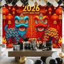 2026 Happy Chinese New Year Backdrop 8x6ft Chinese Lion Dance Red Lantern Palace Banner Photography Background for Lunar New Year Party Decoration Spring Festival Celebration Photo Booth