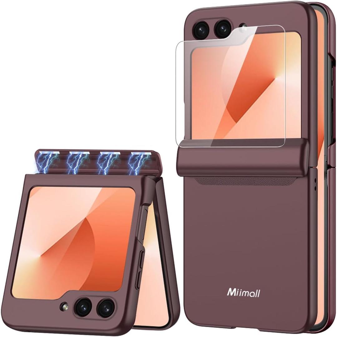 Miimall Flip 6/ZFlip7 FE Case with Hinge Protection, Slim Folding Design, Screen Protector, Drop Proof Full Body Spine Dustproof Military Grade Non-Slip Cover Cases for Samsung Z Flip 6 Wine Red