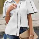 Tankaneo Womens Puff Short Sleeve Button Down Shirts Summer V Neck Color Block Tops Dressy Casual Blouse (White, S)