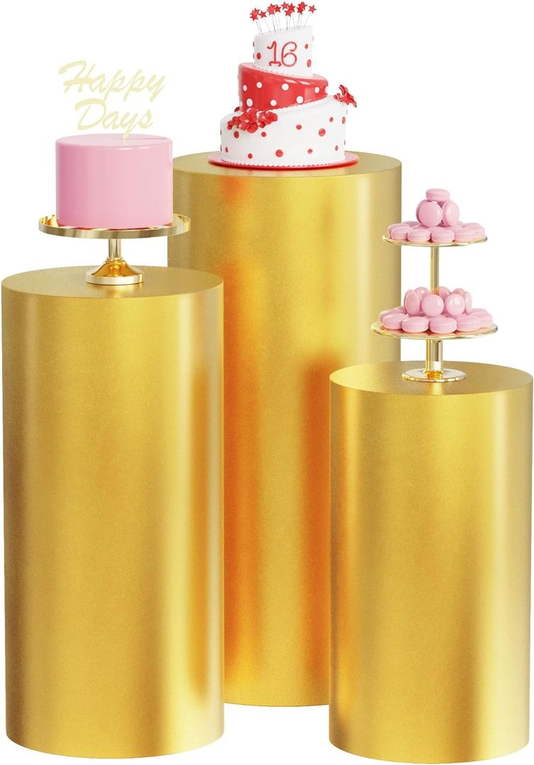 Wokceer Cylinder Pedestal Stand Covers for Party 3Pcs Spandex Gold Cylinder Stand for Party Covers Plinth Pedestal Stand Cover Pillar for Birthday Party Wedding Decor