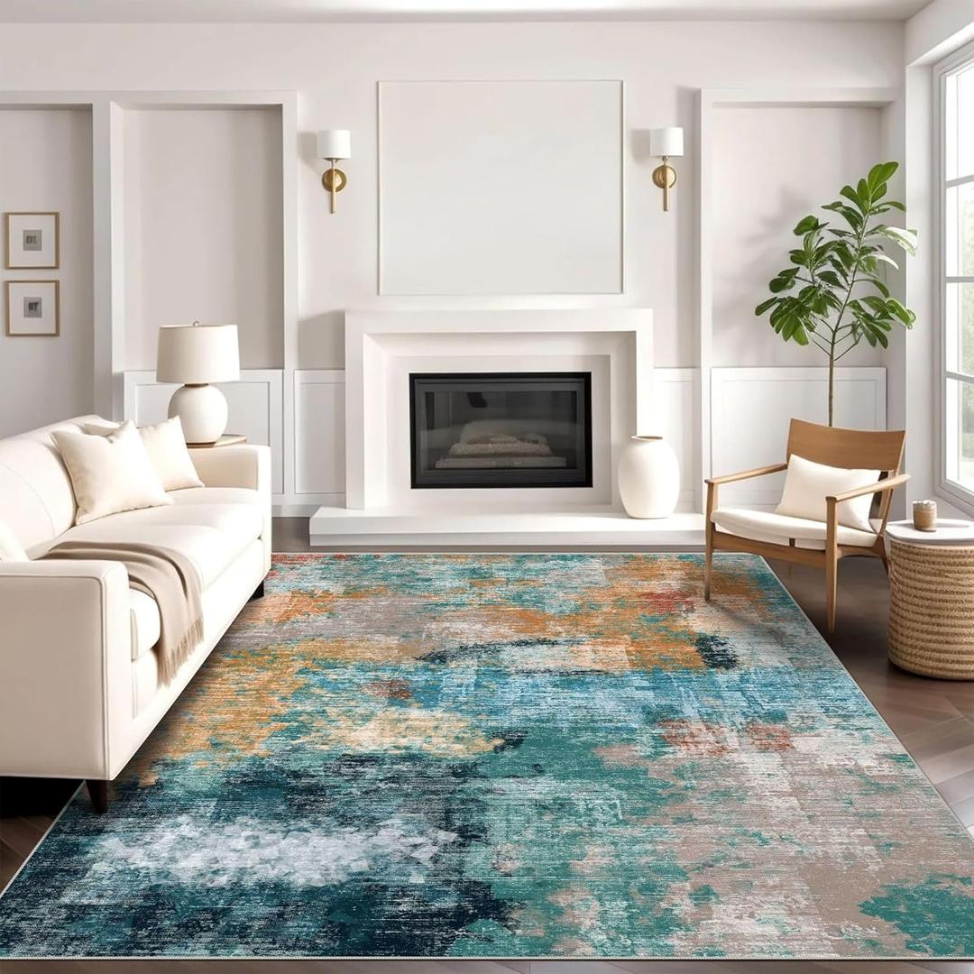 vivorug 5x7 Area Rugs - Ultra-Thin Washable Rug with Non-Slip Backing, Ideal for Living Room, Bedroom, Kitchen Floor Carpet - Modern Abstract, Easy Clean, Durable, Low Pile, Rosy Clouds (Navy/Multi)