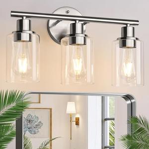 Zarbitta 3-Light Bathroom Light Fixtures, Brushed Nickel Vanity Light, Farmhouse Wall Lights with Clear Glass Shade, Bathroom Wall Lamp for Mirror Kitchen Bedroom Hallway Living Room Hallway Cabinet