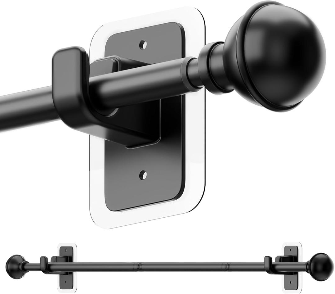 ENJOYBASICS No Drill Curtain Rods for Window 28 to 60 Inches, 5/8 Inch Diameter Renter Friendly Drapery Rod with Adhesive Brackets without Drilling, Adjustable from 27 to 65 Inches, Black