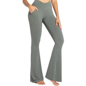 Sunzel Flare Leggings for Women with Pockets, Crossover Yoga Pants with Tummy Control, High Waisted and Wide Leg (XX-Large, Light Grey)