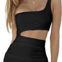 Zeflows Womens One Shoulder Cutout Backless Bodycon Dresses Ruched Hollow Out Sleeveless Mini Club Cocktail Sexy Dresses, Black-M