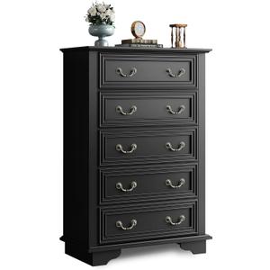 WLIVE Farmhouse Dresser for Bedroom, Tall Wood Dresser with 5 Drawer, Chest of Drawers with Roman Metal Handle for Living Room, Hallway, Closet, Black