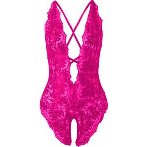 SOLY HUX Women's One Piece Lingerie Sexy Lace Babydoll Deep V Teddy Criss Cross Backless Teddy Mini Bodysuit (XX-Large, Pure Hot Pink)