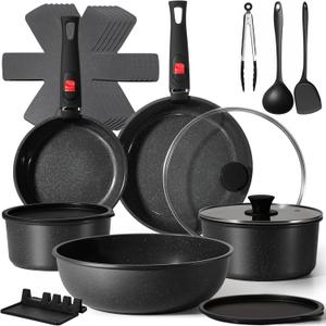 21Pcs Ceramic Pots and Pans Set Non Stick, Kitchen Cookware Set with Detachable Handles, Non Toxic Healthy Cooking Set, Induction Dishwasher Oven Safe, PTFE PFOA PFOS Free, Black