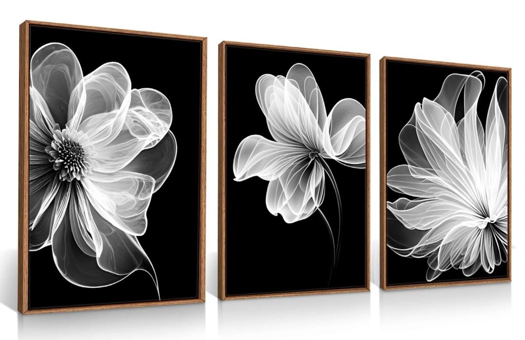 Black and White Wall Art Canvas Prints,Large Framed Flowers Art Painting Bathroom Bedroom Abstract Artwork Wall Decor Set of 3 (16x24 Inch)