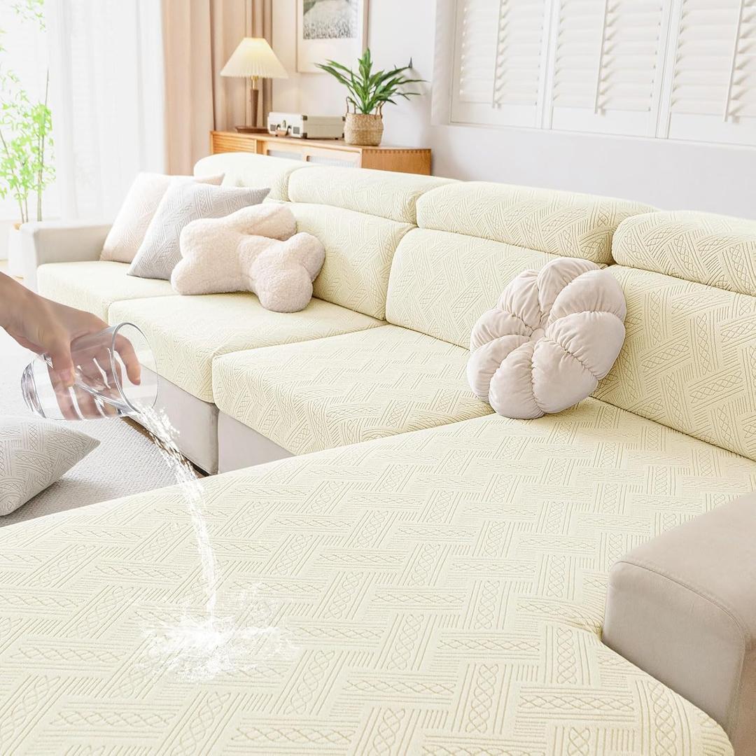 hyha Waterproof Couch Cushion Covers, Waterproof Sectional Couch Covers for 3 Cushion Sofa for Pets, Stretch Sofa Slipcover Washable with Elastic Bottom(3 Packs, Beige)
