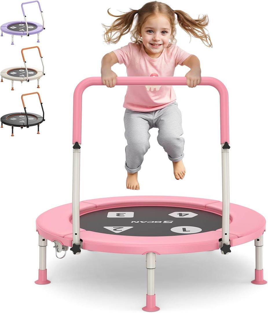 BCAN 36'' Toddler Trampoline, ASTM Certified-Foldable Mini Trampolines for Kids Ages 1-6, Adjustable Handle, Safety Pad & Foldable Legs, Baby Trampoline Indoor/Garden, Gift for Boy and Girl (Pink)