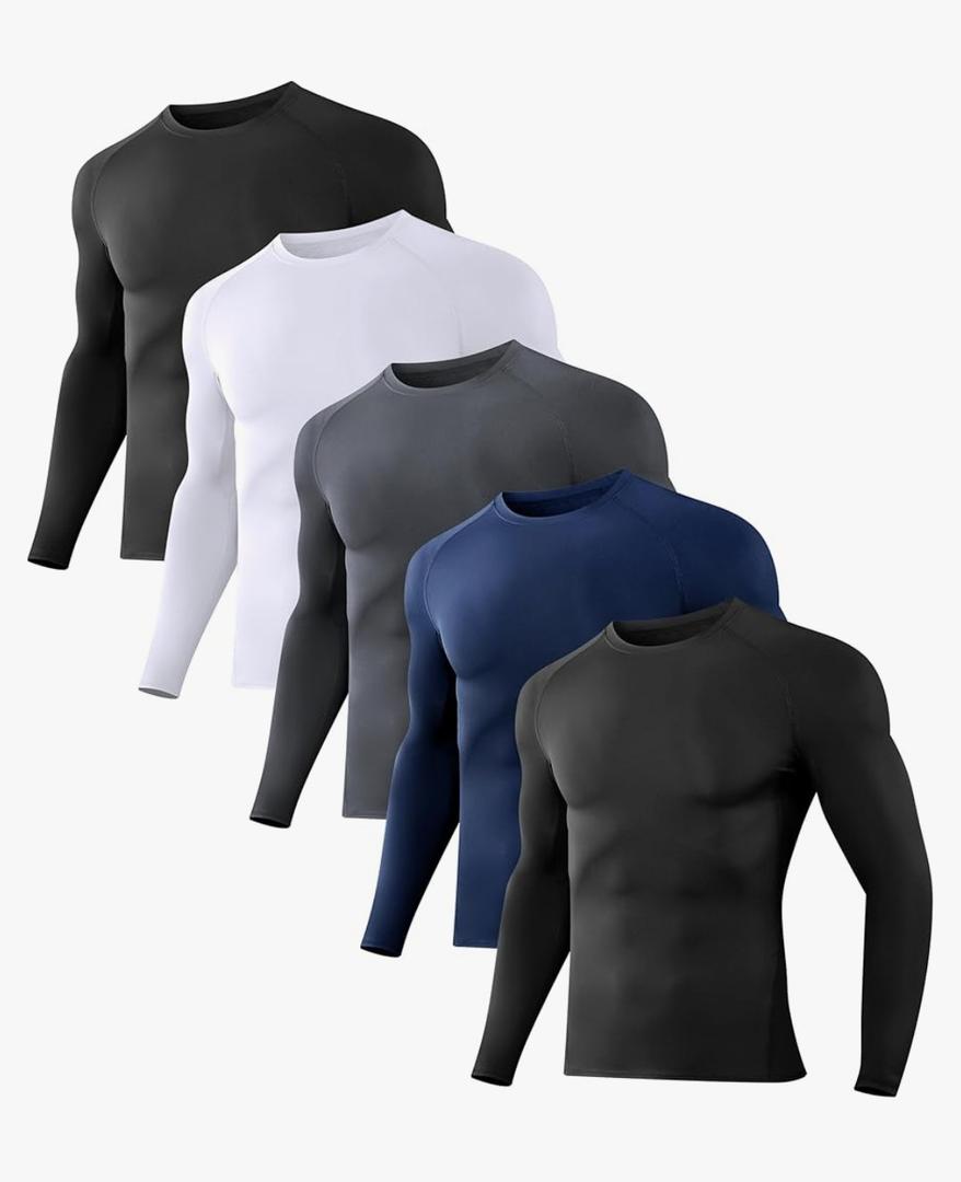 Dalavch 1/5 Pack Men’s Compression Shirts Long Sleeve Athletic Workout Rash Guard Gym Active Sports Undershirt Base Layer Top Large