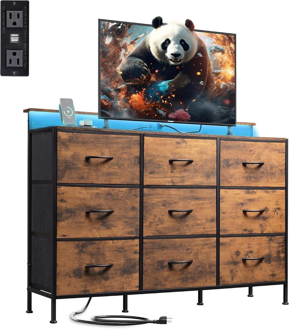 WLIVE Dresser TV Stand for 45, 50, 55 inch TV, Entertainment Center with LED Lights & Charging Station, Chest of Drawers with 9 Fabric Drawers and Open Shelves for Living Room, Hallway, Rustic Brown