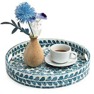 CLAYNIX Serving Tray 12.5 Inch, Lacquer Mother of Pearl Inlay Mosaic Tray, Round Wooden Marble Tray with Handles Trays for Tea, Breakfast (Leaf Style) CLAYNIX Serving Tray 12.5 Inch, Lacquer Mother of Pearl Inlay Mosaic Tray, Round Wooden Marble Tray with Handles Trays for Tea, Breakfast (Leaf Style)
