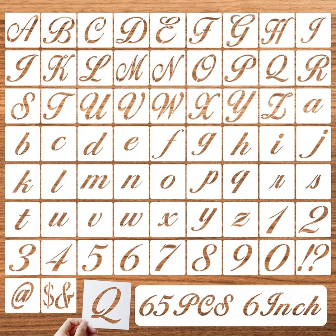 6 Inch Letter Symbol Stencils for Painting on Wood, 65 Pcs Alphabet Drawing Templates with Calligraphy Large Font and Cursive Letters Numbers Signs, Reusable Plastic Art Craft Stencils