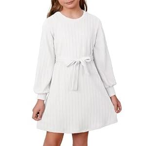 DOKOTOO KIDS Girls Lantern Long Sleeve Casual Dresses Vintage Crewneck Textured Belted A-Line Swing Dress White, 7 Years