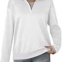 Dokotoo Sweatshirt for Women Long Sleeve Polo V Neck Color Block Oversized Lightweight Soft Casual Solid Color Pullover Sweatshirt Tops Comfy Fall Fashion Outfits Winter Clothes 2025 White Large