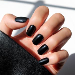 Glamnetic Press On Nails - Jet Black | Short Squoval Black Fake Nails with a Glossy Finish, Salon Quality Halloween Nails | 15 Sizes - 30 Nail Kit with Glue