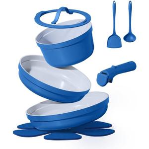 CAROTE 9pcs Pots and Pans Set,Ceramic Cookware Sets Non Stick with Detachable Handle, Induction Kitchen Pots and Pans,RV Cooking Set, Oven/Dishwasher/Fridge Safe, Malta Blue