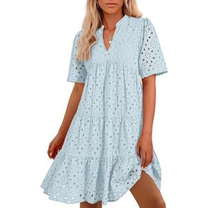 BTFBM Womens Boho Summer Dresses 2026 Spring V Neck Short Sleeve Hollow Out Lace Ruffle Casual Beach Mini Vacation Dress (M)