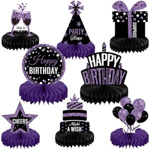 Pajean 8 Pieces Purple and Black Birthday Party Honeycomb Centerpieces Purple Black Table Centerpieces Decorations Table Centerpiece Sign for Kids Adults Party Supplies (Glitter)