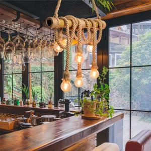 Arturesthome 6 Heads Hemp Rope Pendant Light, Vintage Bamboo Chandeliers Fixture Kitchen Island, Rustic Industrial Hanging Lamp for Bedroom Restaurant Cafe Bar Country Style Decoration