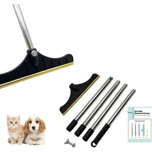 Premium Stainless Steel Pet Hair Removal Carpet Rake | Reusable Adjustable Pet Fur De-Shedding Tool for Carpets, Rugs, Upholstery & Auto Mats | Long Extendable Handle, Heavy-Duty Construction (Black)