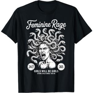 Feminine Rage Girls Greek Mythology Goddess Female Medusa T-Shirt (XL, Black)