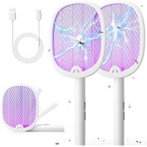 YISSVIC Electric Fly Swatter Foldable Bug Zapper Racket 2 in 1 Mosquito Killer with Purple Attractant Light Rechargeable 1800mAh for Indoor Home Backyard Patio Camping (White-2 Pack)
