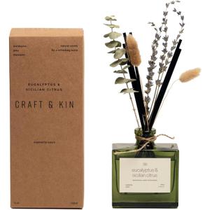 Craft & Kin Reed Diffuser with Dried Flowers | 5 oz Sicilian Citrus & Eucalyptus Scented Reed Diffusers for Home, Bathroom | Scent Sticks | Elegant Fragrance Home Decor for Men & Women