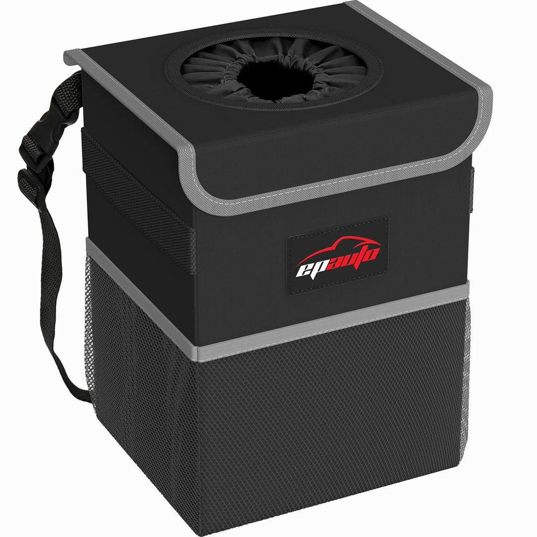 EPAuto Waterproof Car Garbage Can with Lid and Storage Pockets, 2.5 Gallon, Black