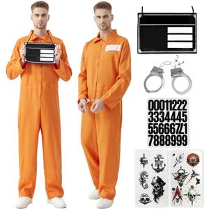 MGparty Prisoner Jumpsuit Men Halloween Costume Orange Inmate Jail Uniform for Adults Halloween Cosplay Outfit for Men (Medium)