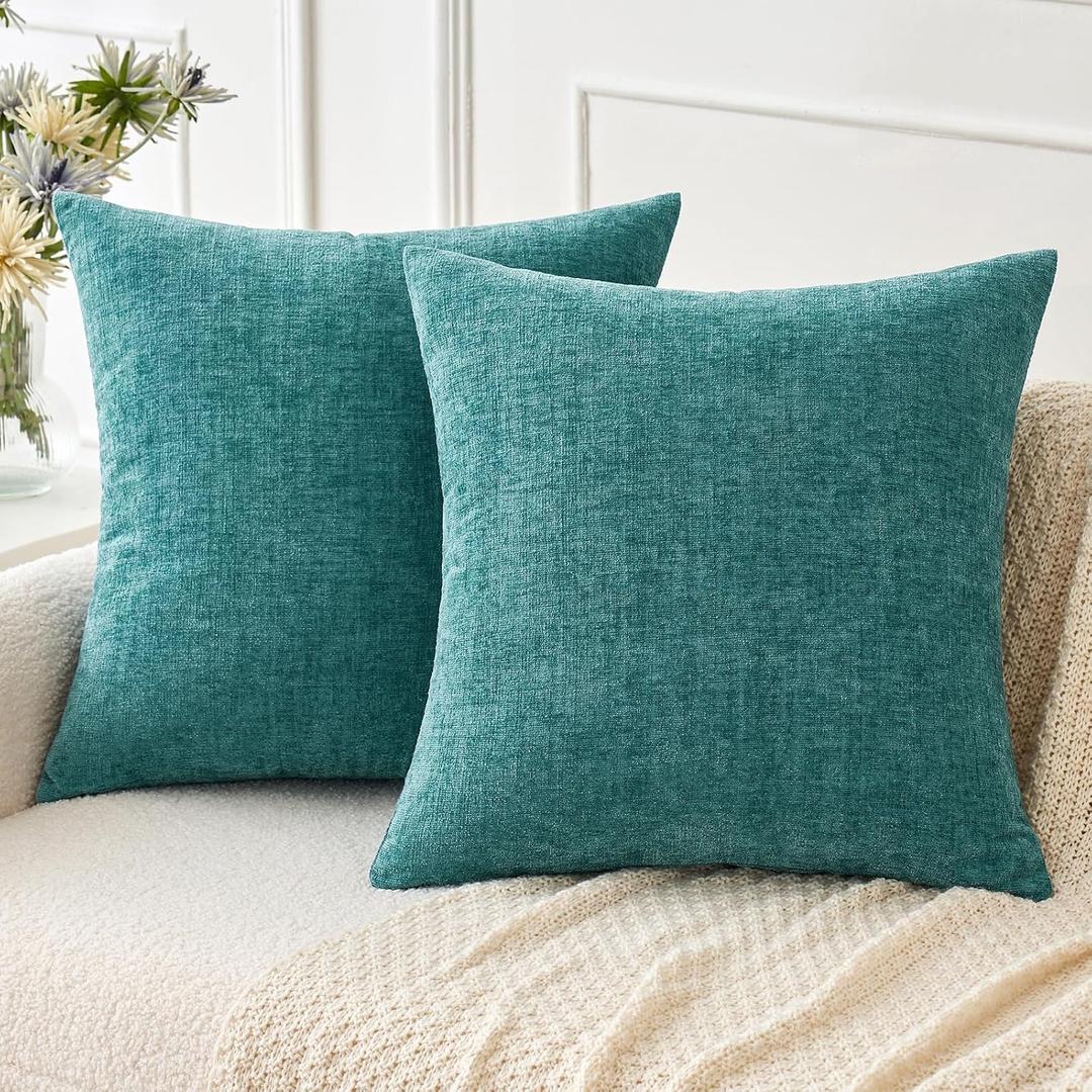 MIULEE Pack of 2 Couch Throw Pillow Covers 18x18 Inch Soft Teal Chenille Pillow Covers for Sofa Living Room Solid Dyed Pillow Cases (18" x 18" (Pack of 2), Teal)