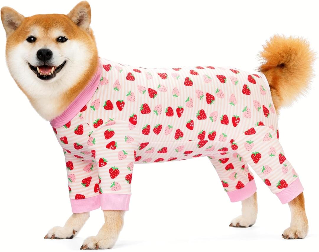 Recovery Suit for Dogs Full Zipper, Four-Legged Onesie Dog Recovery Suit After Surgery Cute Soft Bodysuit Cone Alternative Male Female Neuter Anti Licking Wounds (Pink Strawberry, Medium)