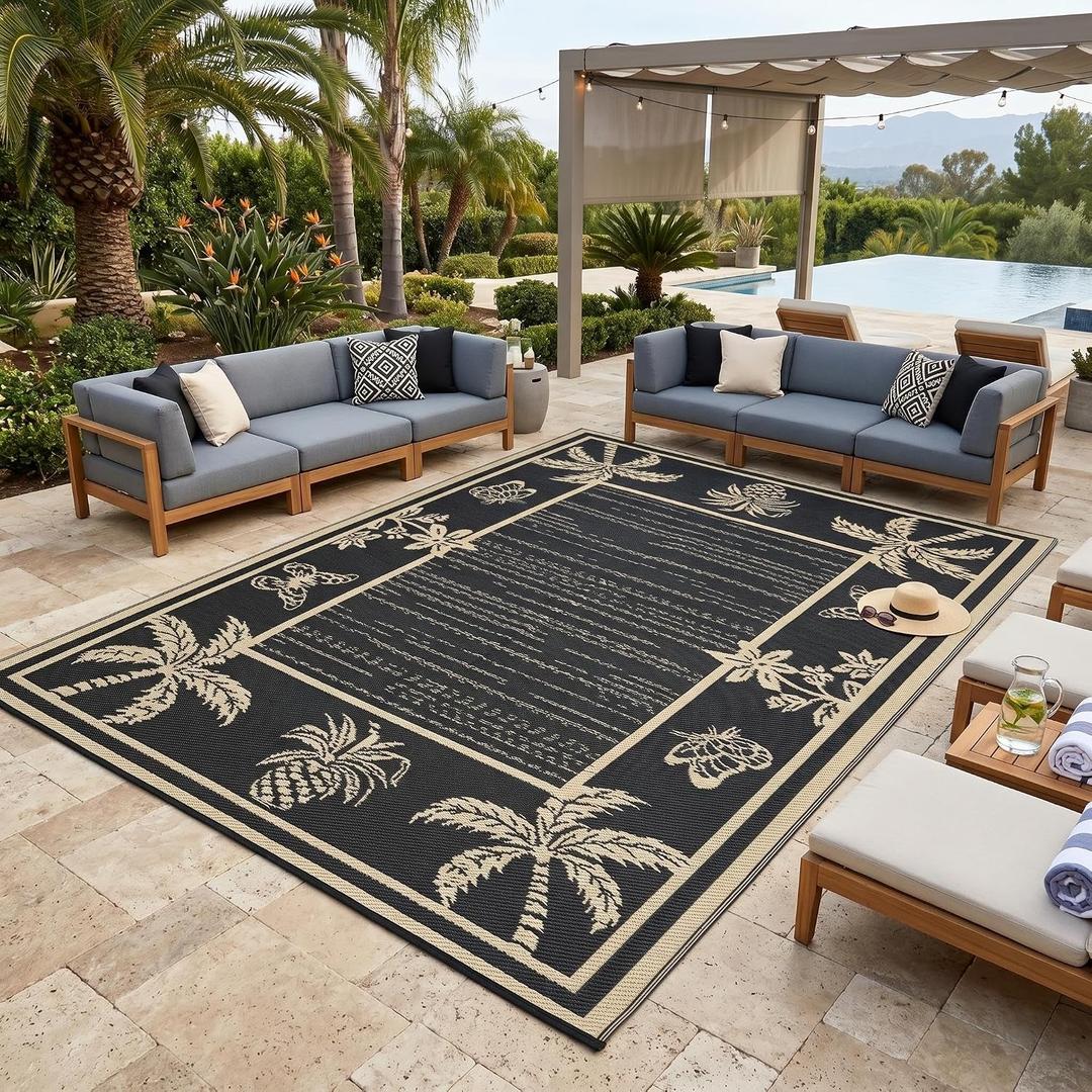 Garvee Outdoor Rug 9x12 Waterproof for Patios, Reversible Plastic Straw Rug, Tropical Leaf Indoor Outdoor Rugs, Large Area Rug for RV, Camping, Deck, Picnic Mat, Outside Carpet