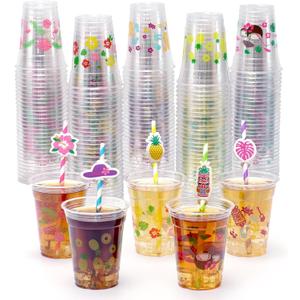100 Pcs Hawaiian Luau Party Cups, 12 oz Tropical Plastic Cold Drinks Cups with Straws, Flamingo Coconut Pineapple Disposable Tiki Cup for Summer Beach Party Decorations Supplies