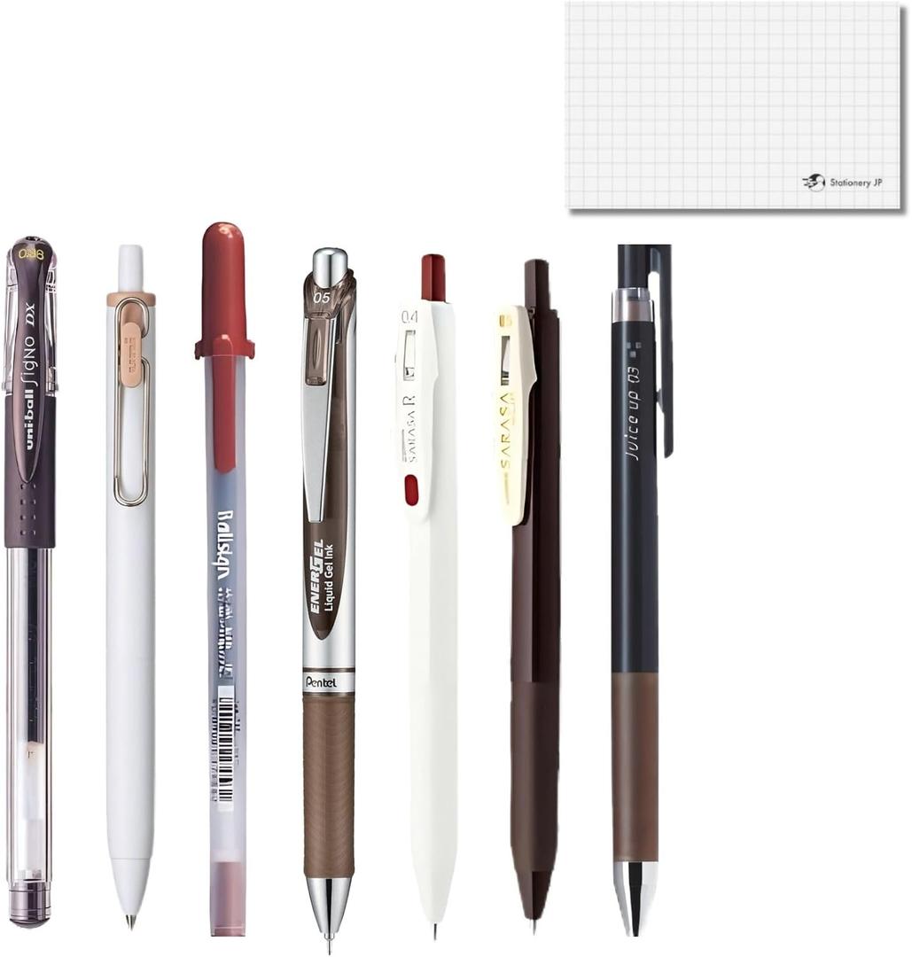 Japanese Brown Gel Ink Pen Set of 7  Fine Point 0.30.7 mm, Smooth and Clean Writing, Warm Natural Tones, Includes Test Writing Card  Made in Japan