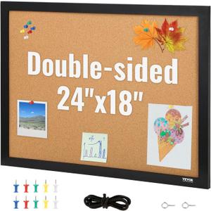 VEVOR Cork Board for Walls, Double-Sided Cork 24" x 18" Bulletin Board Vision Board, Push Pin Board with Framed for Office Home and School