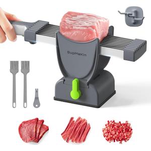 SupMaKin Fresh Meat Slicer, Thickness Adjustable 2 or 4 mm, 17 IN 1 Stainless Steel Manual Meat Cutter, Cleaver Kitchen Knife, Jerky Slicer Suit for Chicken Breast Beef Pork (Gray)