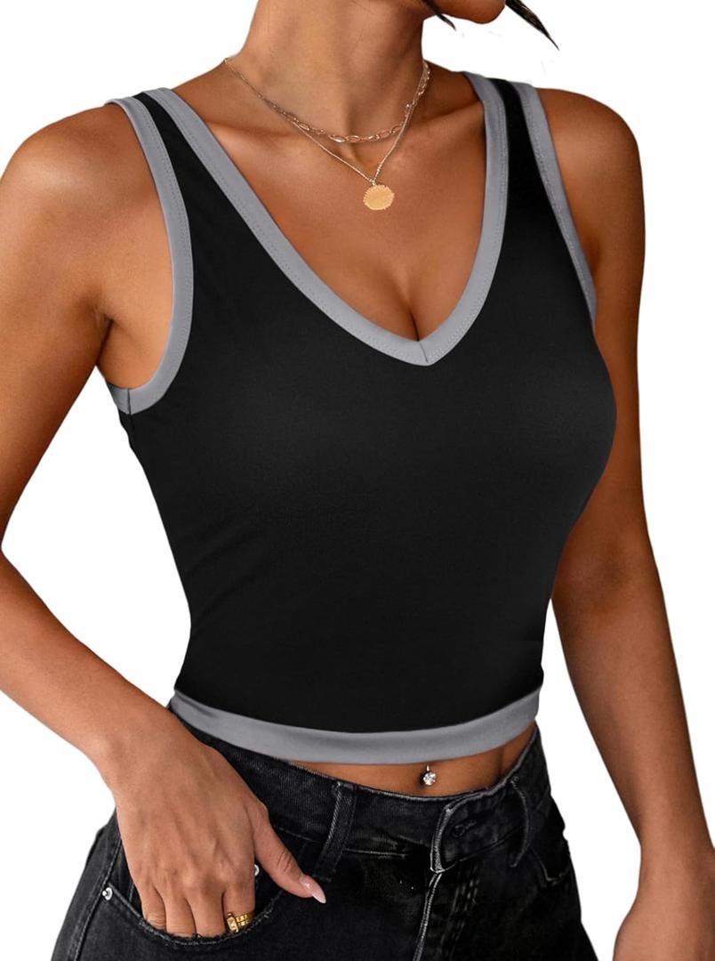 Hilinker Women V Neck Crop Tank Tops Sexy Color Block Workout Sleeveless Shirts (Black Grey), XL