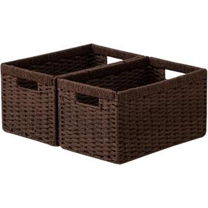 joybest Dark Brown Wicker Baskets for Shelves, 13.4L x 8.3W x 7.1H inch Hand-woven Storage Baskets for Pantry Organizing, Foldable Rectangular Bin with Handles, 2-pack