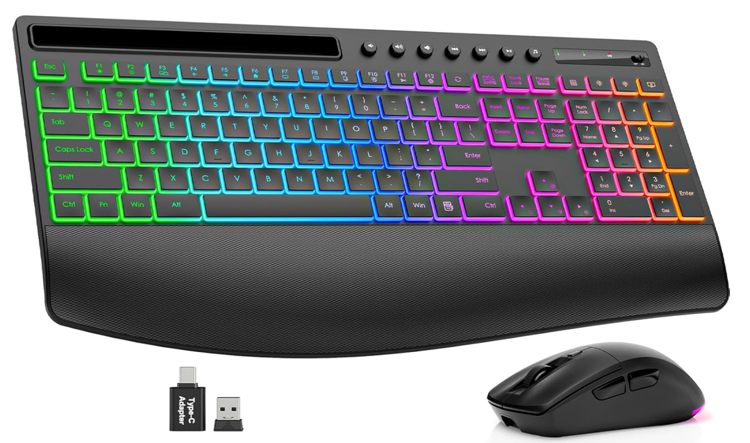 Wireless Keyboard and Mouse Combo  4000mAh Rechargeable Backlit Keyboard with Wrist Rest & Phone Holder, Full Size Quiet Typing 2.4G USBA/TypeC for PC, Laptop, Windows, Mac, Trueque KM22 Ultra
