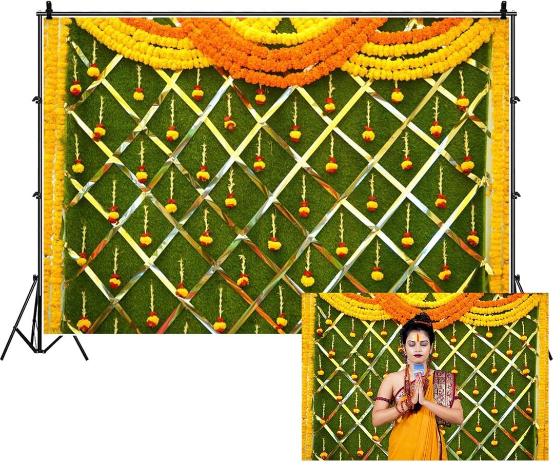 Renaiss 10x8ft Indian Traditional Backdrop Macrame Marigold Garland Marriage Diwali Festival Photography Background for Wedding Bridal Shower Anniversary Party Decor Photo Props (Yellow)