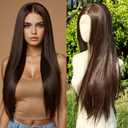 WIGNEE 13x4 Synthetic Lace Front Wig 28 Inch Silky Long Straight Wig Pre-Plucked Kanekalon Hair Glueless Wig with Natural Hairline Free Part Lace Front Wig Dark Brown Wigs for Black Women