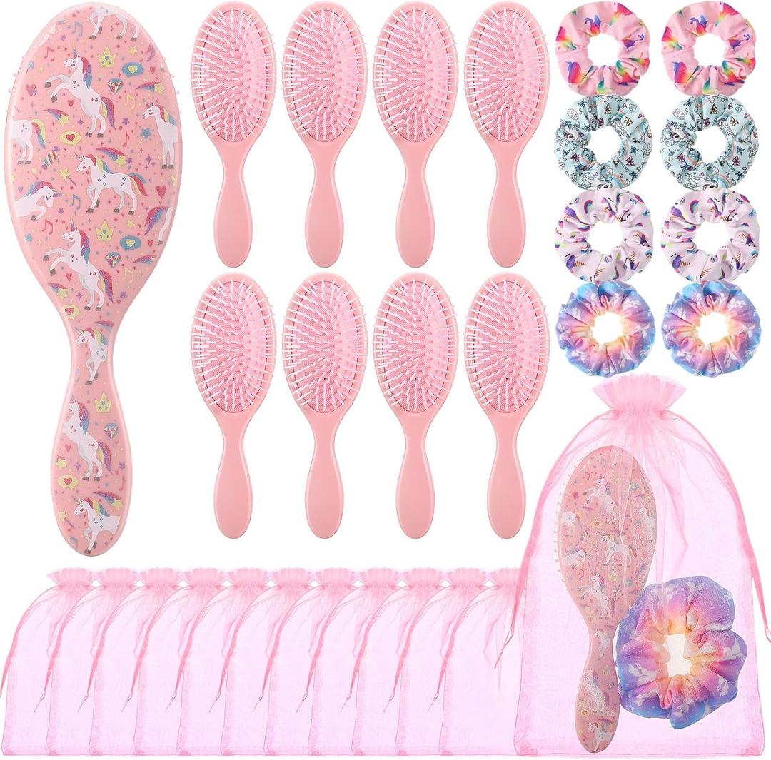 Hotop 24 Pcs Pink Party Favors Unicorn Detangling Hair Brush Set Include Girl Hair Brushes Scrunchies and Organza Bags Accessories for Women Princess Birthday Makeup Party Decoration Supplies