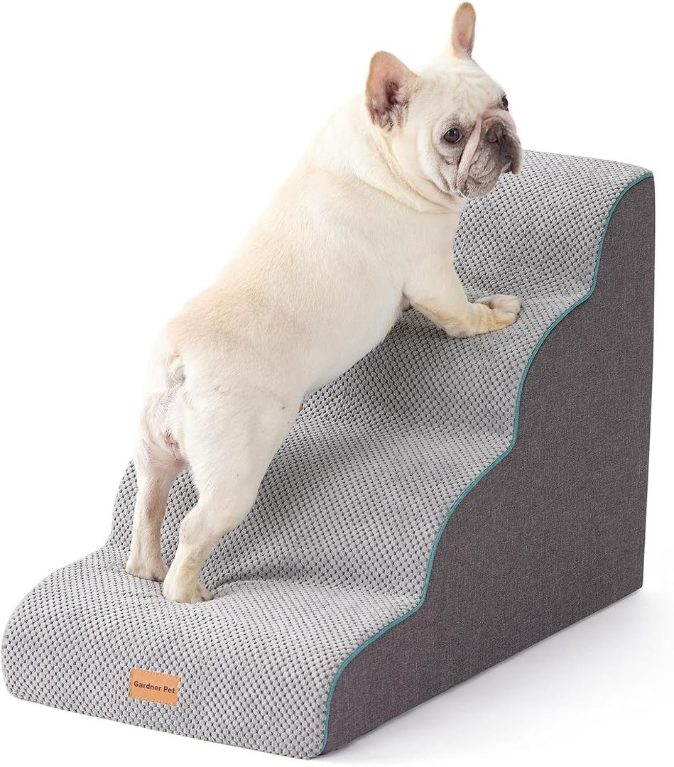 Gardner Pet Dog Stairs for Small Dogs 19.7" H, Curved 4-Step Pet Stairs, Dog Steps for High Bed (18-24 in), Couch with Durable Non-Slip Waterproof Fabric Cover and CertiPUR-US Certified Foam (Grey)